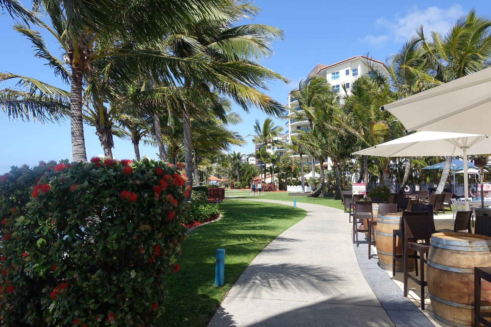 The palm-lined promenade and cafes at Mackay Marina